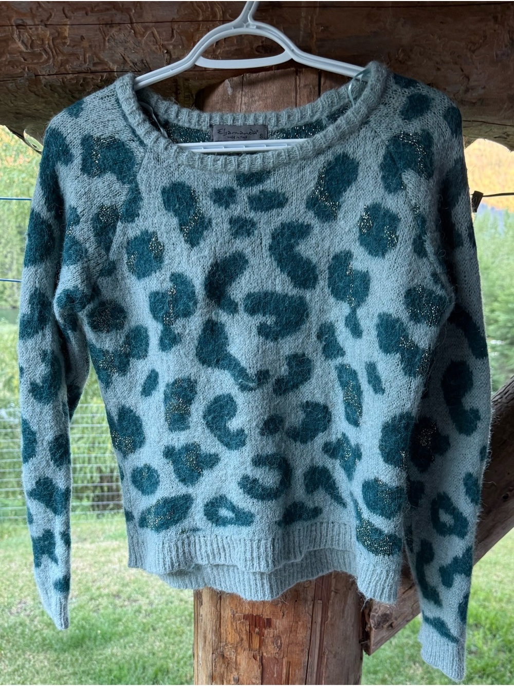 Teal Leopard Print Crewneck Sweater with Metallic Accents